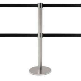 Colonnina a doppio nastro LIMIT DUAL in acciaio inox spazzolato con due nastri neri retrattili