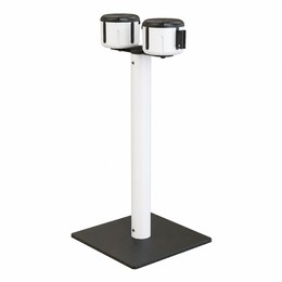 White retractable belt stanchion with dual wall-mounted belt unit on black square base, full view