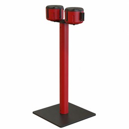 Red retractable belt stanchion with dual wall-mounted belt unit on black square base, full view
