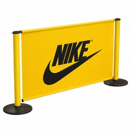 Barrière publicitaire jaune BASIC avec bannière imprimée logo DHL rouge sur socles ronds