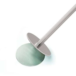 Magnetic barrier rope stanchion, close-up of magnetic disc and brushed steel fixing